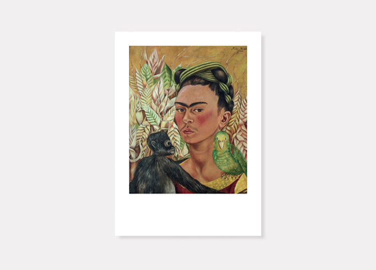 Cartão-postal do México moderno Frida Kahlo: Autorretrato com macaco e papagaio